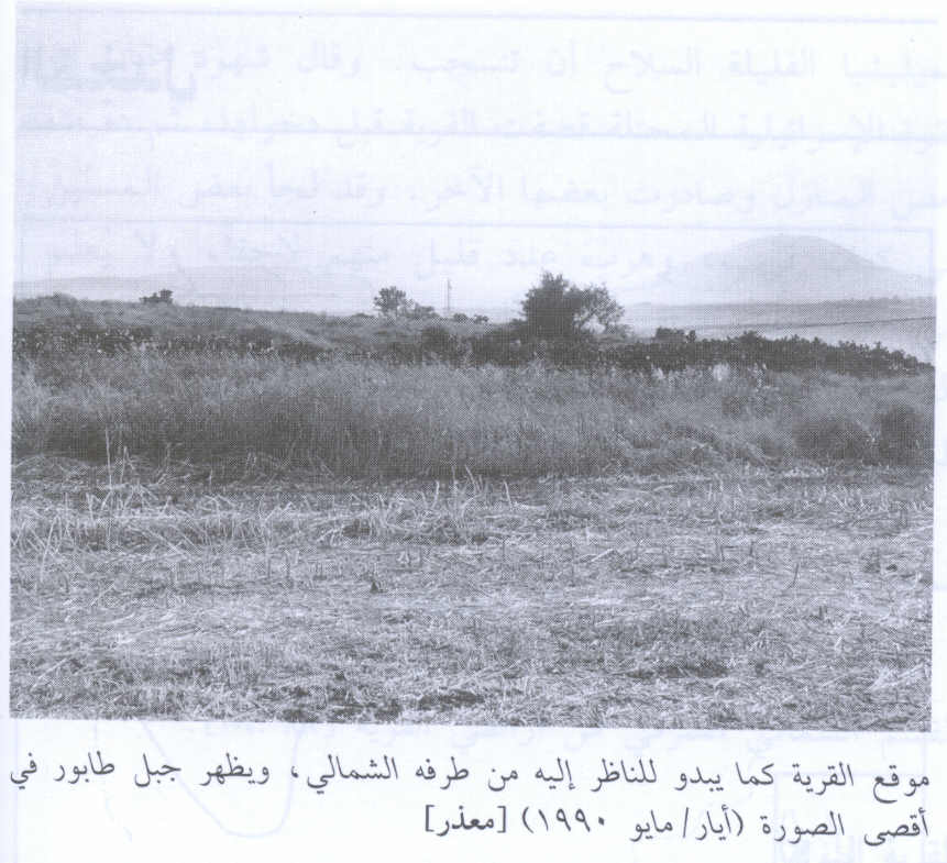 صورة لقرية معذر - فلسطين: : منظر للقرية المغتصبة اُخذ من الجانب الشمالي في الاتجاه الغربي ويظهر جبل طابور في الخلف، 1990.